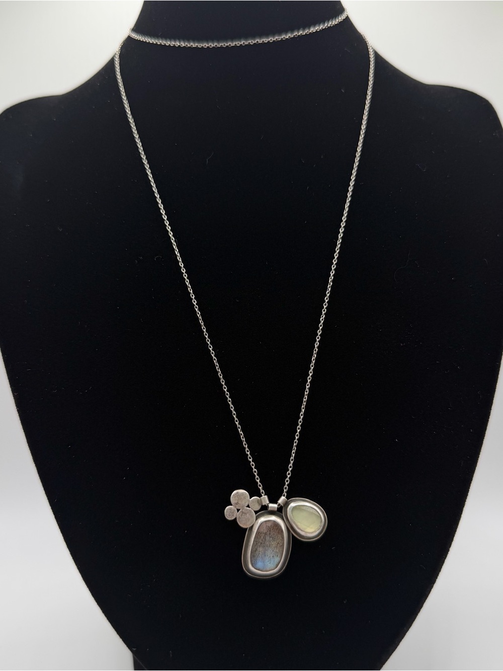 Ananda Khalsa Sterling Silver Labradorite Prehnite Charm Necklace 26”